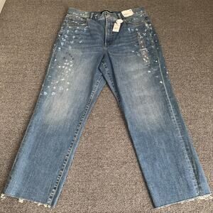 Express Super High Rise Mom Jeans Women's 12 Blue Denim Paint Splatter Raw Hem